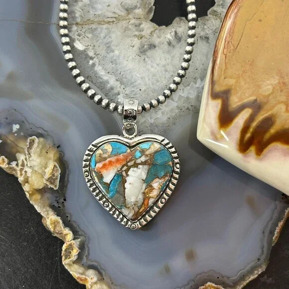 Sterling Southwestern Style Turquoise Spiny Oyster Heart Pendant For Women - Picture 2 of 10